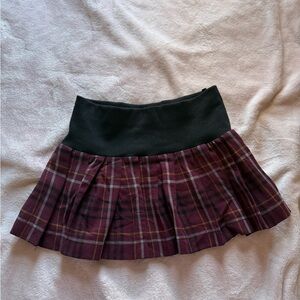 Plaid Pleated Mini Skirt with Black Waistband - Burgundy